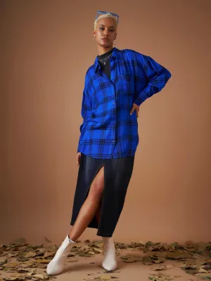 Women Royal Blue Yarn dyed Check Oversized Shirt