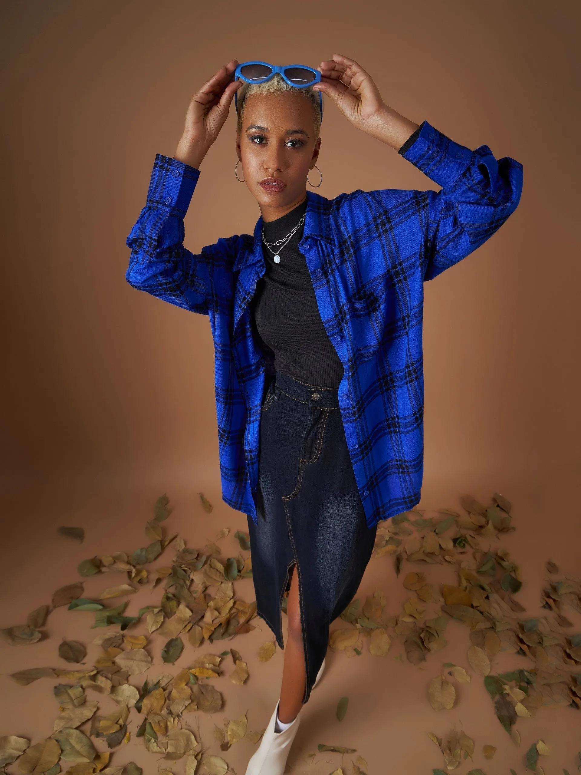 Women Royal Blue Yarn dyed Check Oversized Shirt