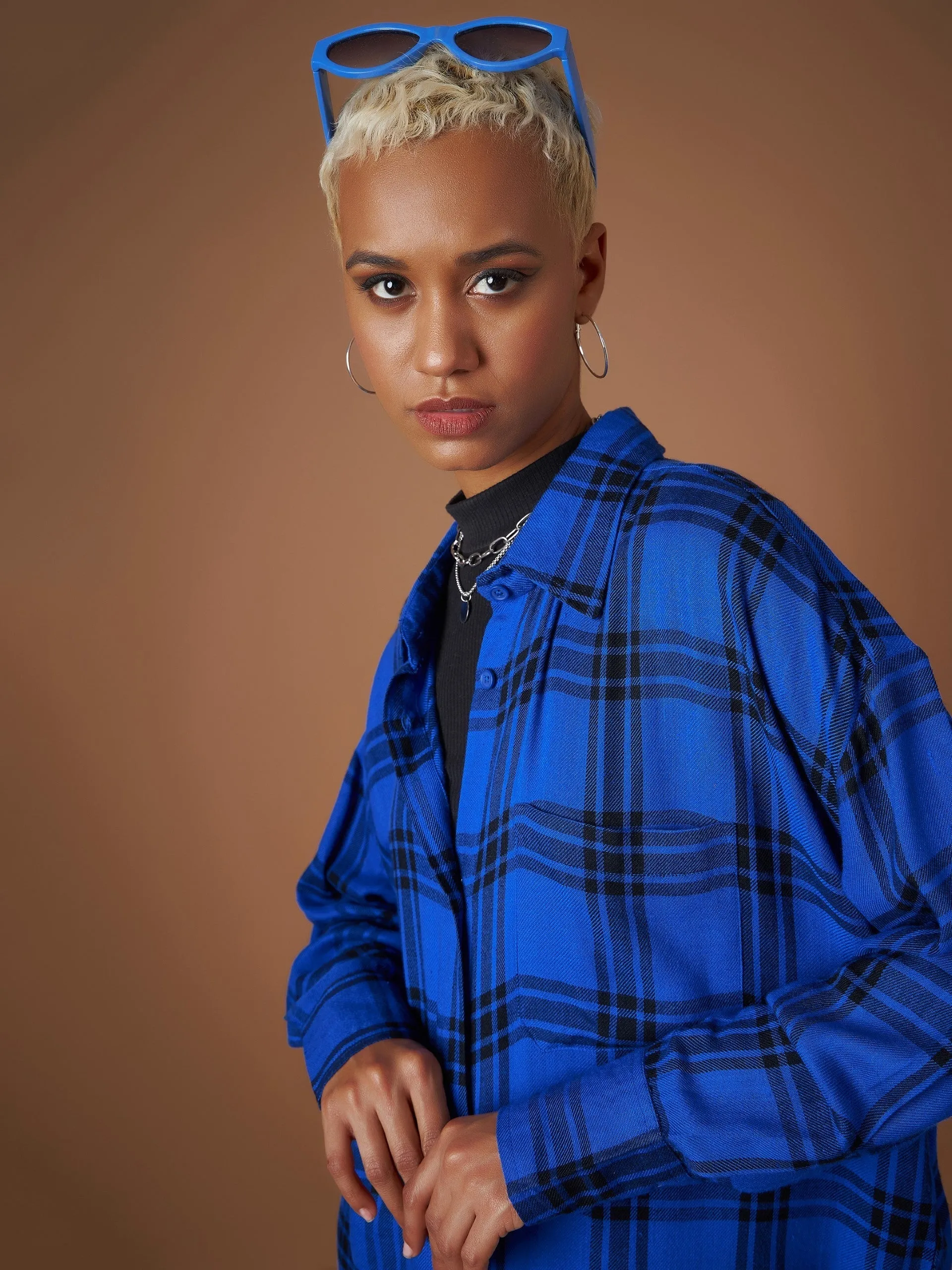 Women Royal Blue Yarn dyed Check Oversized Shirt