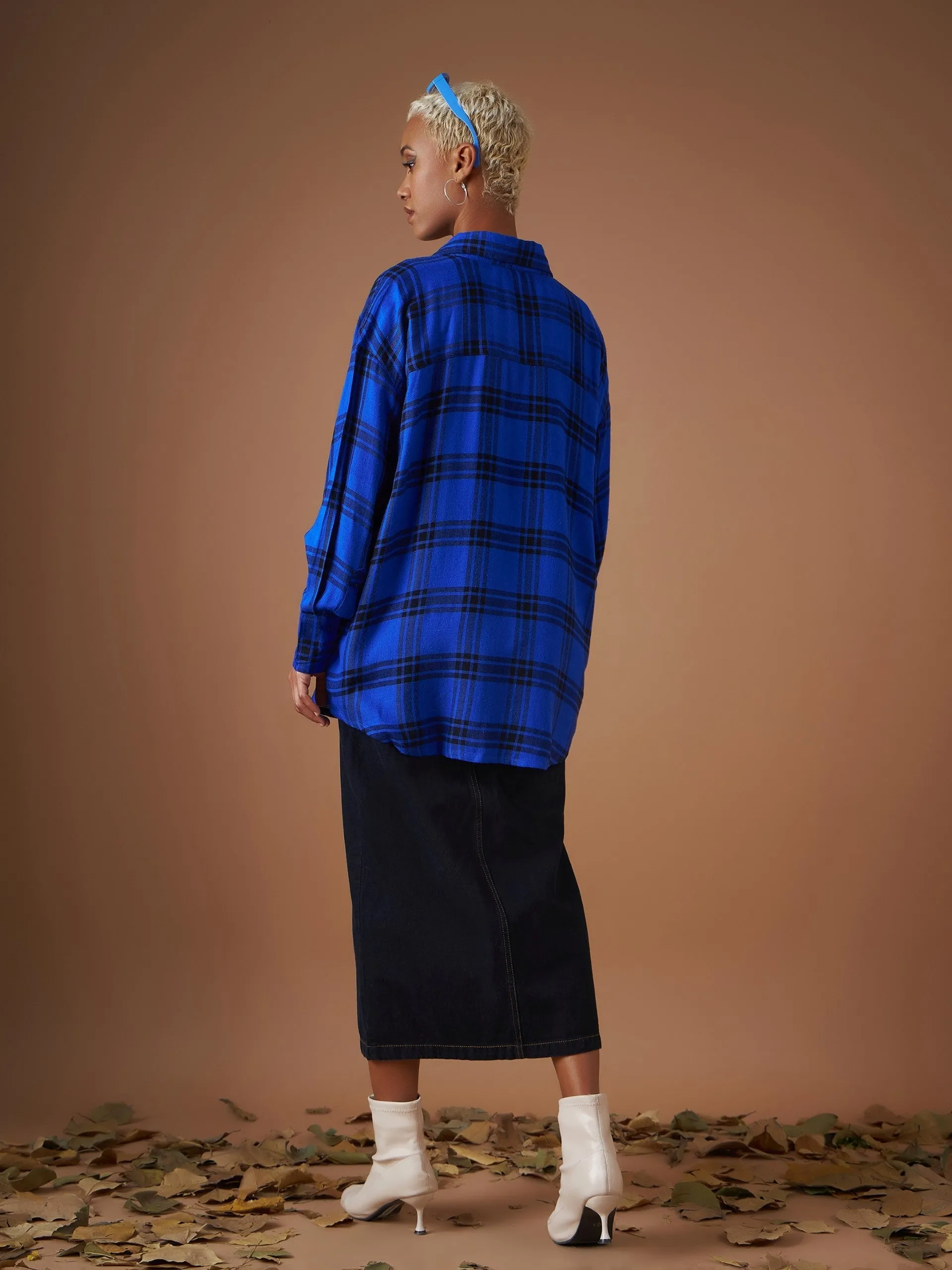 Women Royal Blue Yarn dyed Check Oversized Shirt